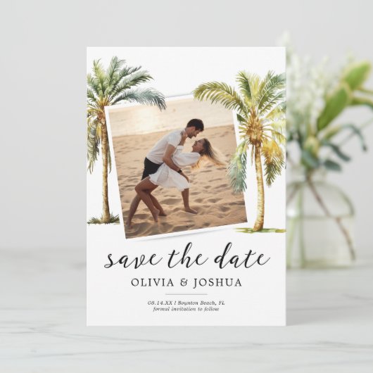 QR Code Tropical Beach Save the Date (Stehend Vorderseite)