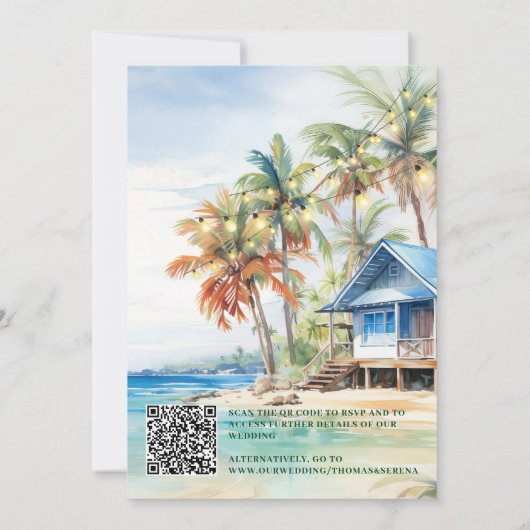 QR Code Tropical Beach Save the Date Zielort Einladung (Rückseite)