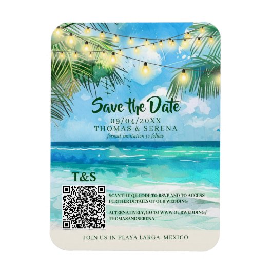 QR Code Tropical Beach Save the Date Zielort Magnet (Vertikal)