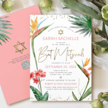 QR-Code Tropicale Bat Mitzvah Floral Gold Schriftz