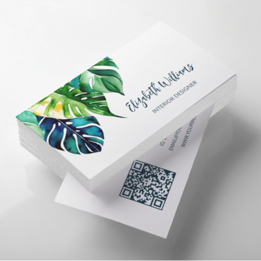 QR-Code | Tropische Blätter für Wasserfarben Visitenkarte