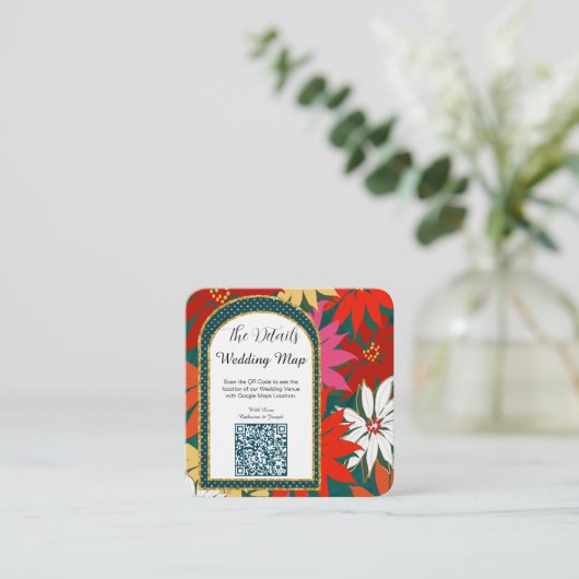 QR-Code Tropische Blume Hochzeitskarte und Details Quadratische Visitenkarte (Stehend Vorderseite)