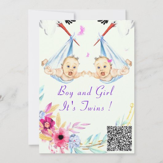 QR Code Twins Boy and Girl Baby Shower Einladung (Rückseite)