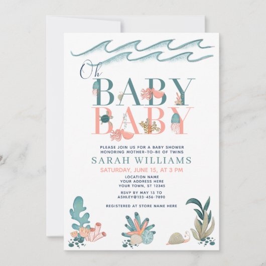 QR Code Twins unter dem Meer Oh Baby Shower Einladung (Vorderseite)