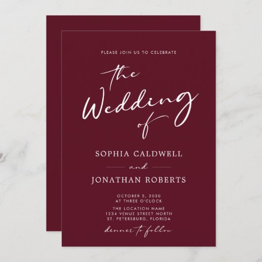 QR Code UAWG Calligraphy Burgundy Wedding Einladung (Vorne/Hinten)