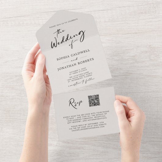 QR Code UAWG Calligraphy Elegant Eggshell Wedding All In One Einladung (Abreißtisch)