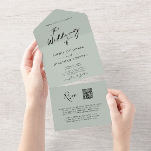 QR Code UAWG Calligraphy Sage Green Wedding All In One Einladung (Abreißtisch)
