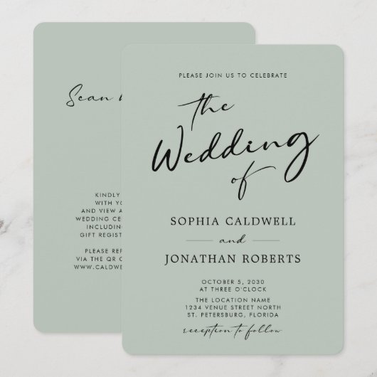 QR Code UAWG Chic Calligraphy Sage Wedding Einladung (Vorne/Hinten)