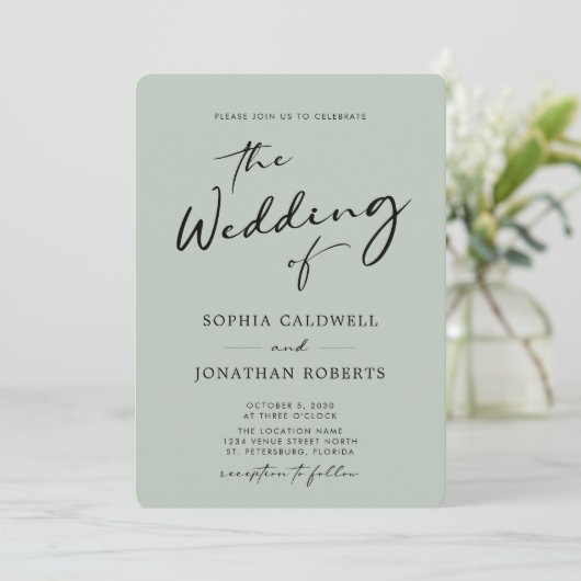 QR Code UAWG Chic Calligraphy Sage Wedding Einladung (Stehend Vorderseite)