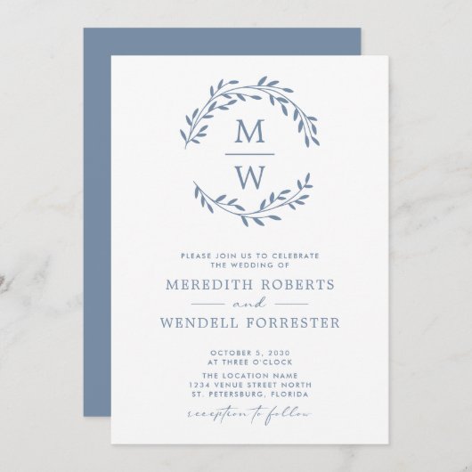 QR Code UAWG Dusty Blue Monogram Wreath Wedding Einladung (Vorne/Hinten)