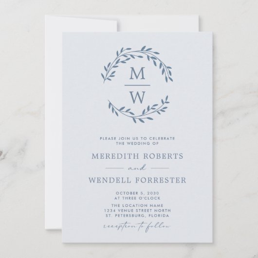 QR Code UAWG Dusty Blue Monogram Wreath Wedding in Einladung (Vorderseite)