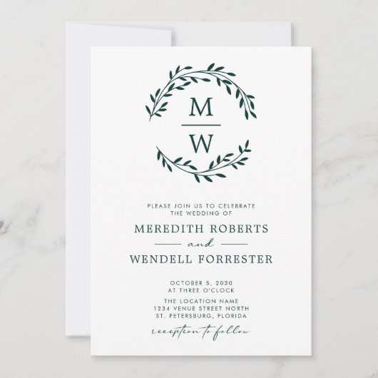 QR Code UAWG Emerald Green Monogram Wreath Wedding Einladung (Vorderseite)