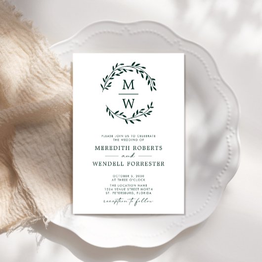 QR Code UAWG Emerald Green Monogram Wreath Wedding Einladung