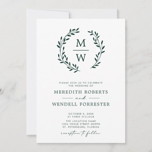 QR Code UAWG Emerald Green Monogram Wreath Wedding Einladung (Vorderseite)