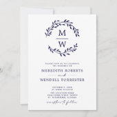 QR Code UAWG Navy Blue Monogram Wreath Wedding Einladung (Vorderseite)