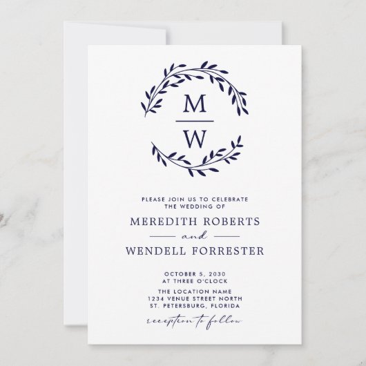 QR Code UAWG Navy Blue Monogram Wreath Wedding Einladung (Vorderseite)