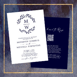 QR Code UAWG Navy Blue Monogram Wreath Wedding Einladung