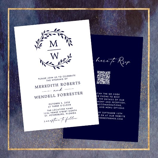QR Code UAWG Navy Blue Monogram Wreath Wedding Einladung
