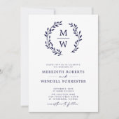 QR Code UAWG Navy Blue Monogram Wreath Wedding Einladung (Vorderseite)