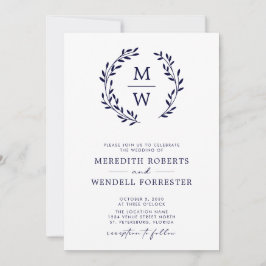 QR Code UAWG Navy Blue Monogram Wreath Wedding Einladung