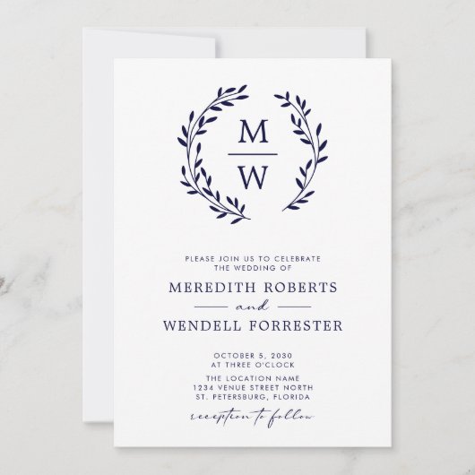 QR Code UAWG Navy Blue Monogram Wreath Wedding Einladung (Vorderseite)