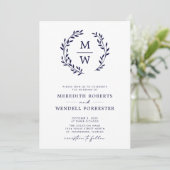 QR Code UAWG Navy Blue Monogram Wreath Wedding Einladung (Stehend Vorderseite)