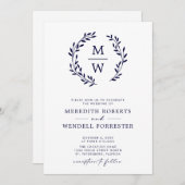 QR Code UAWG Navy Blue Monogram Wreath Wedding Einladung (Vorne/Hinten)