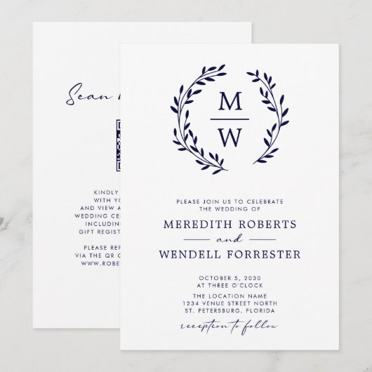 QR Code UAWG Navy Blue Monogram Wreath Wedding Einladung (Vorne/Hinten)