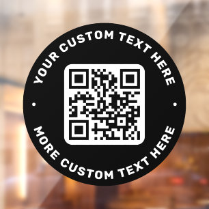 QR-Code und Text oben und unten schwarzer Kreis Fensteraufkleber