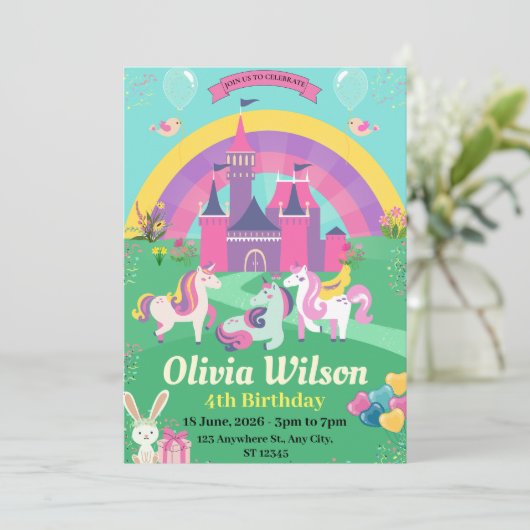 QR Code Unicorns Rainbow Magic Birthday Einladung (Stehend Vorderseite)