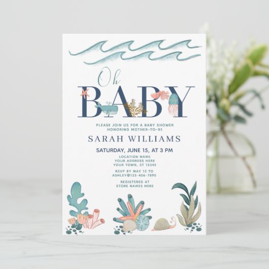 QR-Code unter Meereswasserfarbe Oh Babydusche Einladung (Stehend Vorderseite)