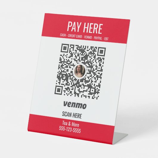 QR Code Venmo Pay Hier Red Pedestal Sign hinzufüge Sockelschild (Vorderseite)