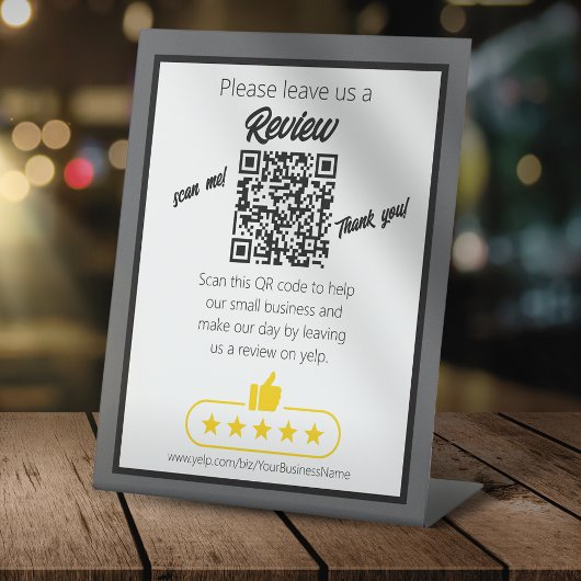 QR-Code "verlass uns a review" YELP Sockelschild