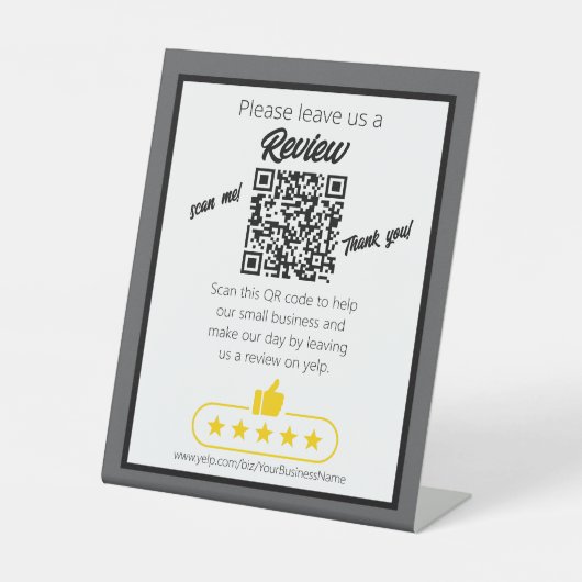 QR-Code "verlass uns a review" YELP Sockelschild (Vorderseite)