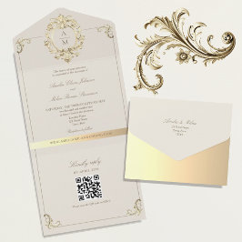 QR-Code Vintage Barock-Goldhochzeit All In One Einladung