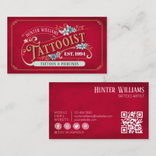 QR-Code Vintage-Tätowierer Rot Professionell Visitenkarte