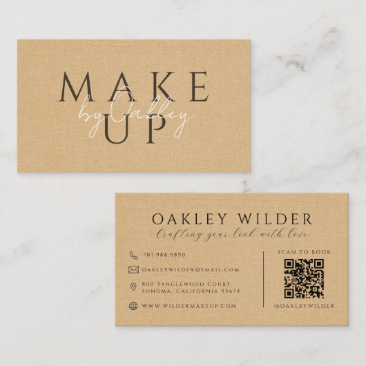 QR-Code Visagist Beige Faux-Leinen Visitenkarte (Vorne/Hinten)