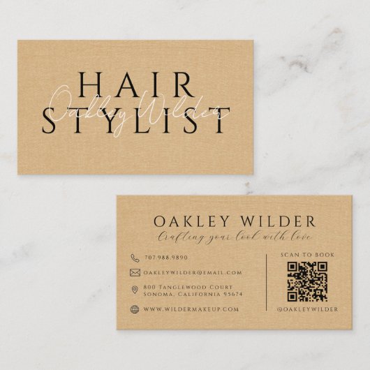 QR-Code Visagist Beige Leinenoptik Visitenkarte (Vorne/Hinten)