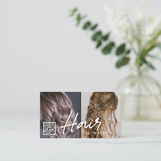QR-Code Visitenkarte für Haarstylik mit Fotos (Stehend Vorderseite)