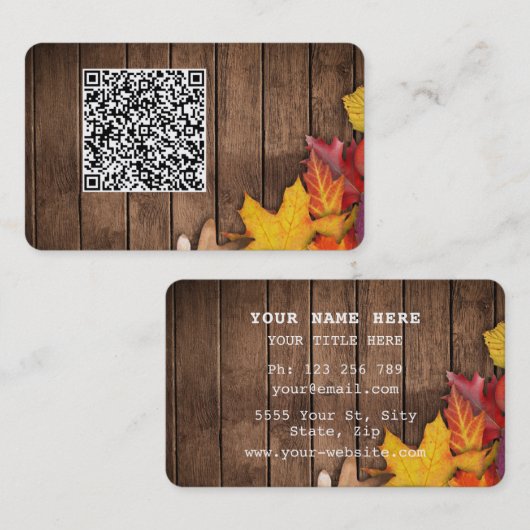 QR-Code-Visitenkarte mit Herbstblättern auf Holz Visitenkarte (Vorne/Hinten)