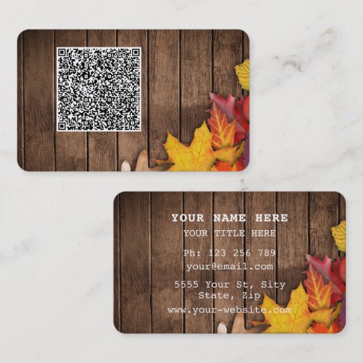 QR-Code Visitenkarte mit Herbstlaub auf Holz (Vorne/Hinten)