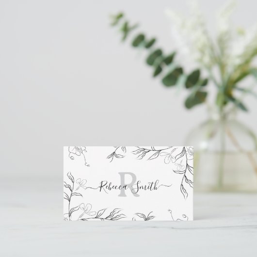 QR-Code von Feminine Sketch Gray Floral Visitenkarte (Stehend Vorderseite)