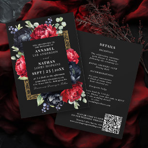 QR-Code von Moody Red and Black Elegant Floral Wed Einladung