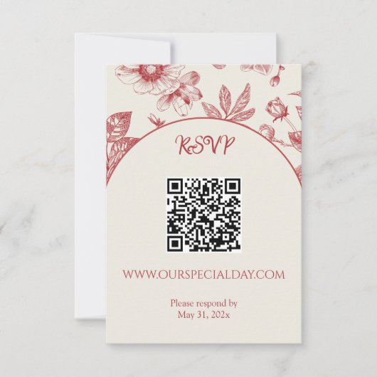 QR-Code von Rich Red French Floral Toile RSVP Karte (Vorderseite)