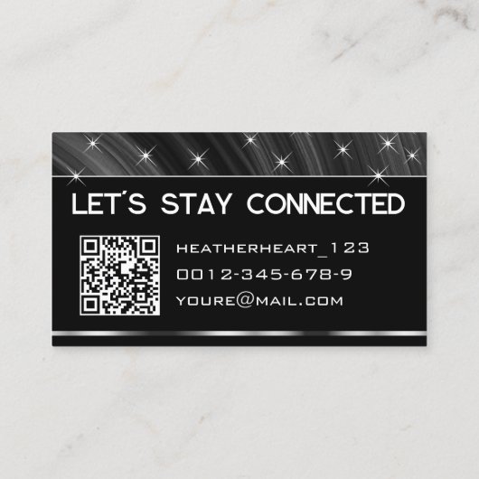 QR-Code-Vorlage Luxe Black Silver Glitzer Stars Visitenkarte (Rückseite)