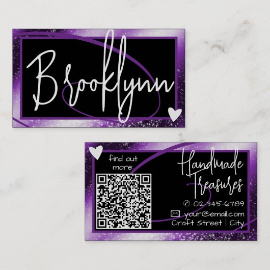 QR-Code-Vorlage Stilvolle Lila Ombre Frame Heart Visitenkarte (Vorne/Hinten)