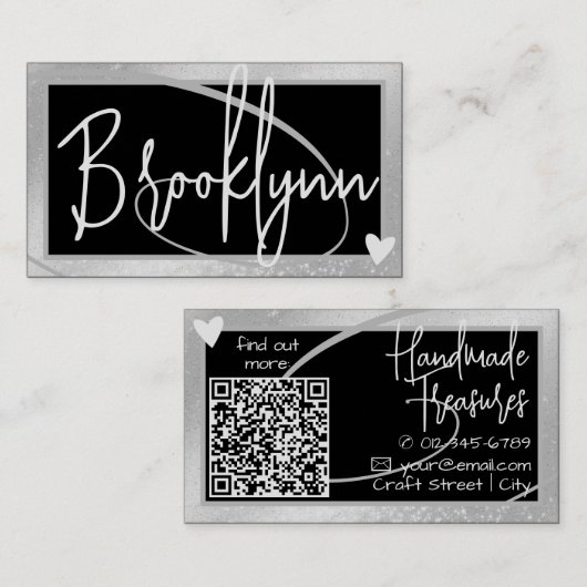 QR-Code-Vorlage Stilvolle Silver Graue Rahmen Herz Visitenkarte (Vorne/Hinten)