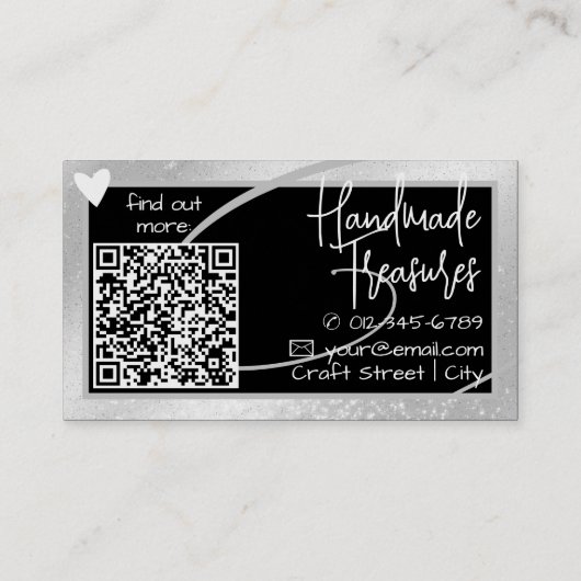 QR-Code-Vorlage Stilvolle Silver Graue Rahmen Herz Visitenkarte (Rückseite)