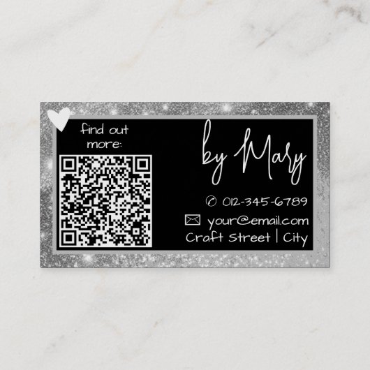 QR-Code-Vorlage Stilvolle Silver Graue Rahmen Herz Visitenkarte (Rückseite)