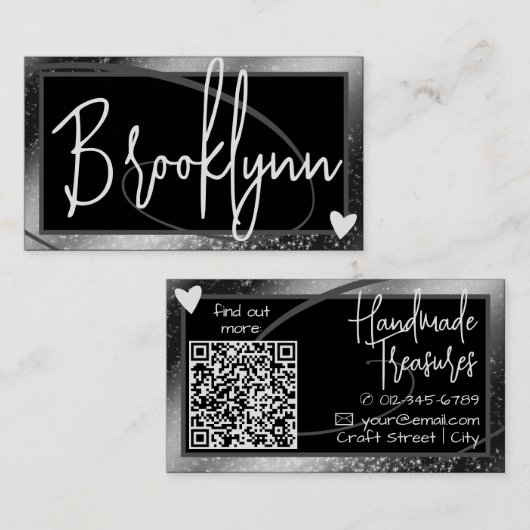 QR-Code-Vorlage Stilvolle Silver Graue Rahmen Herz Visitenkarte (Vorne/Hinten)